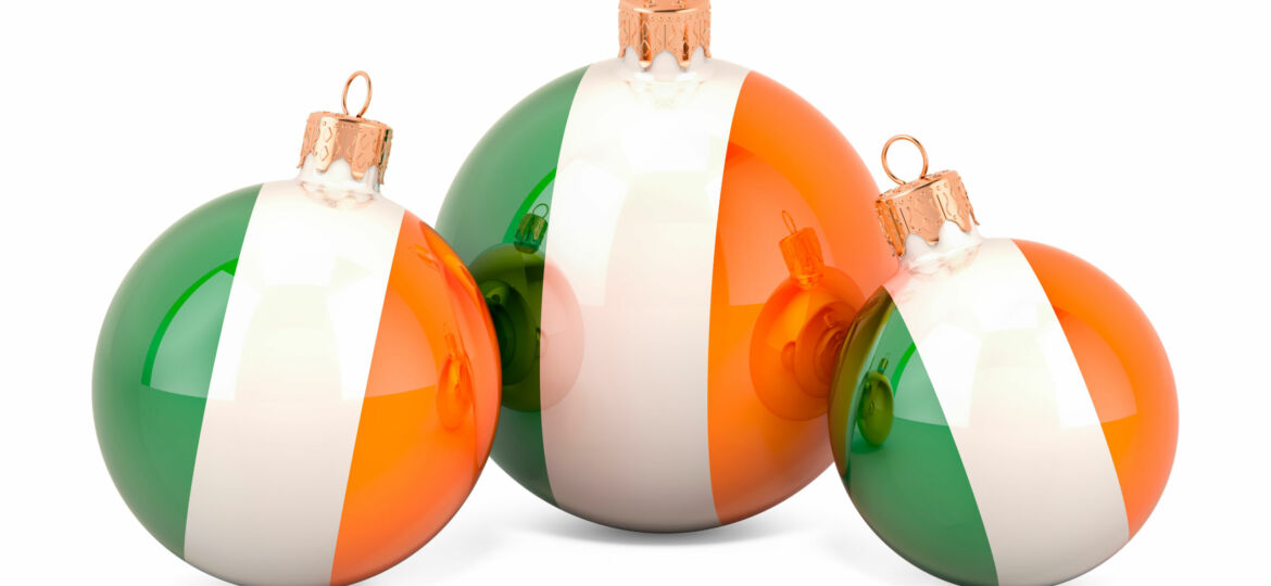 Christmas baubles with Irish flag, 3D rendering